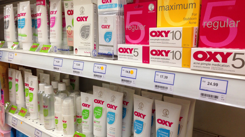 Aisles of benzoyl peroxide products 