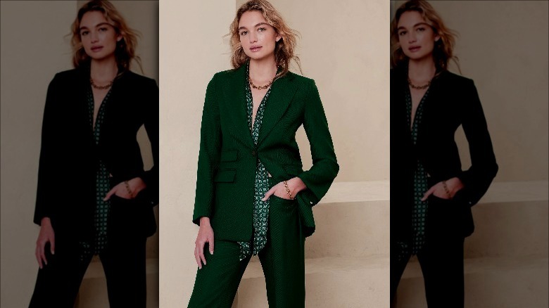 Banana Republic model wears green suit 