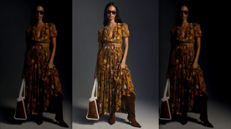 Anthropologie model wears floral fall dress