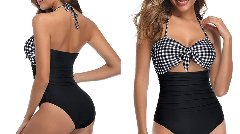 Model wearing a black and white checkered swimsuit