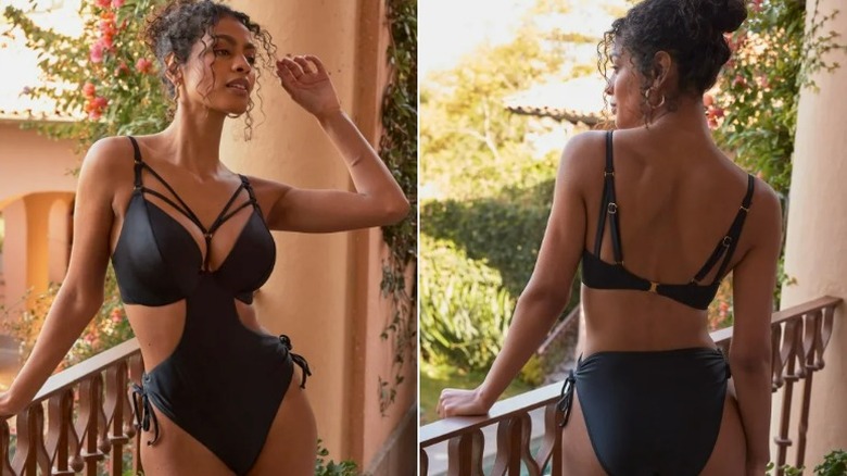 Black model wearing a strappy swimsuit