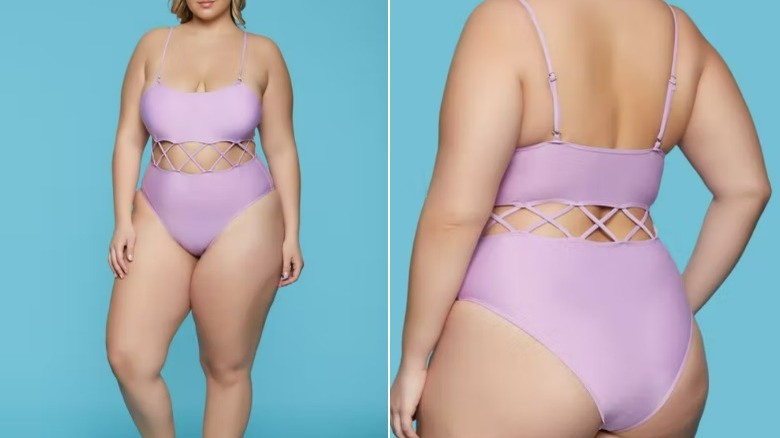 Model wearing purple cut-out swimsuit