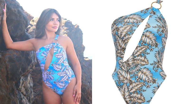 Brunette wearing a blue tropical print one-piece swimsuit