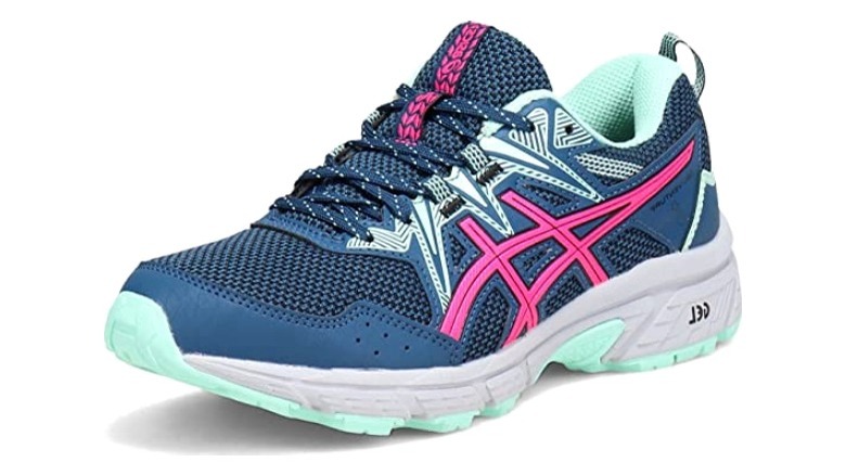 Bright blue and pink women's running shoes