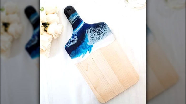 Wood cheese board with ocean-inspired paint