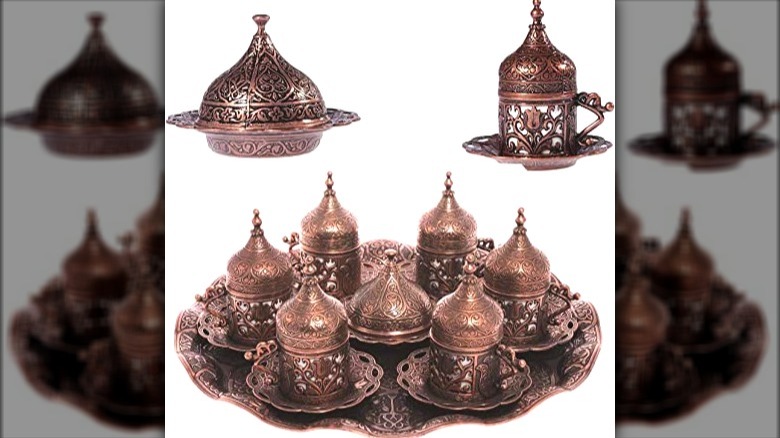 Ornate metal Turkish coffee set