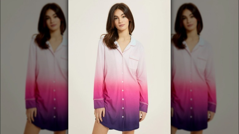 Brunette model wearing dip-dyed sleepshirt