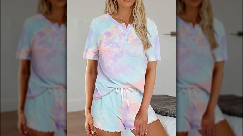 Woman wearing tie-dye pajamas