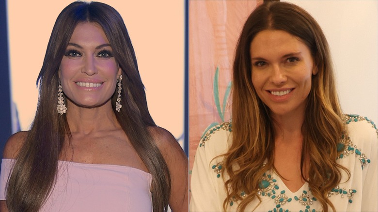 Kimberly Guilfoyle smiling in a pink dress (L) and Bettina Anderson in a white dress smiling (R)