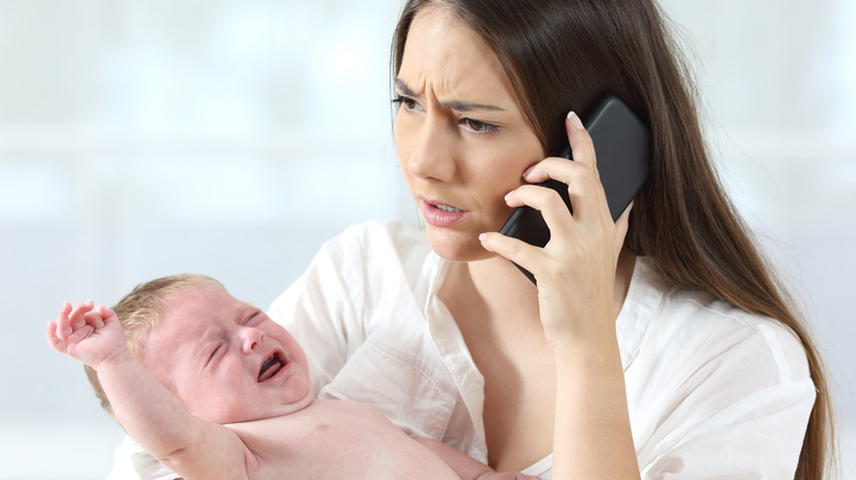 Unhappy babysitter on phone