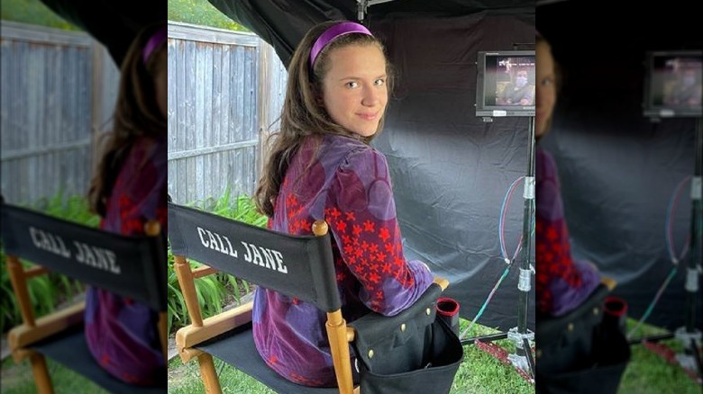 Bianca D'Ambrosio sitting on the set of "Call Jane"