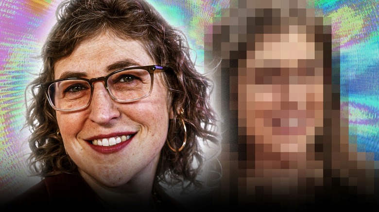 a photo of Mayim Bialik next to a pixelated photo of Mayim Bialik