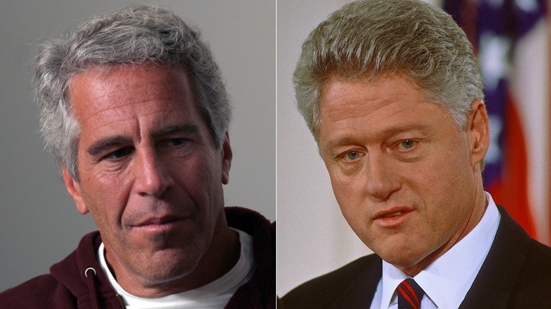 Split image featuring close-ups of Jeffrey Epstein and Bill Clinton