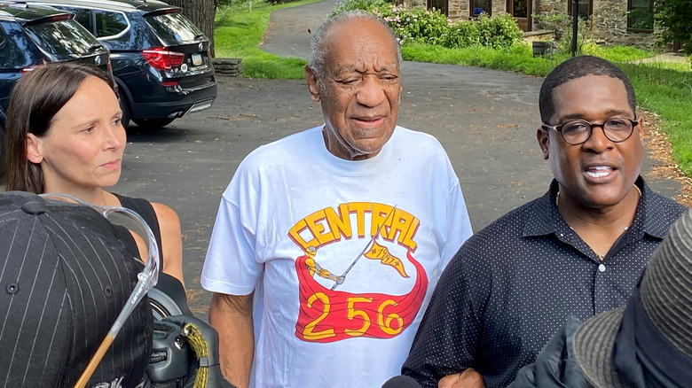 Attorney Jennifer Bonjean, Bill Cosby, and spokesperson Andrew Wyatt speak outside of Bill Cosby's home on June 30, 2021