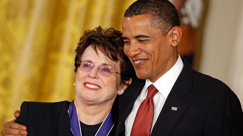 President Barack Obama hugs Billie Jean King