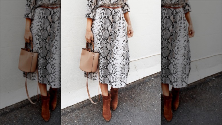 snakeskin dress with brown accessories