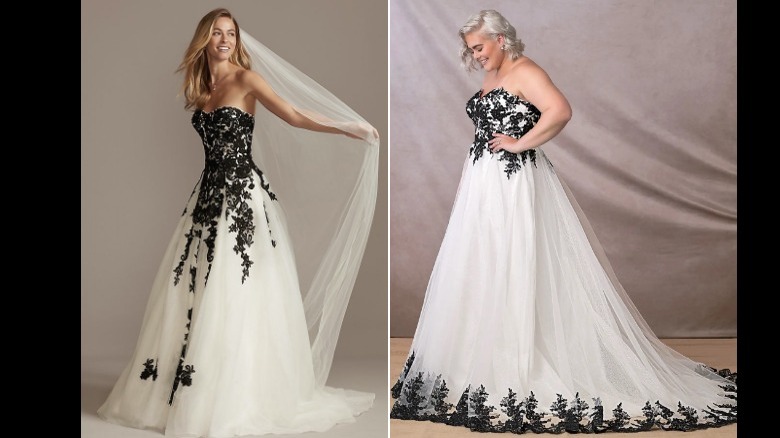 two white and black lace wedding dresses