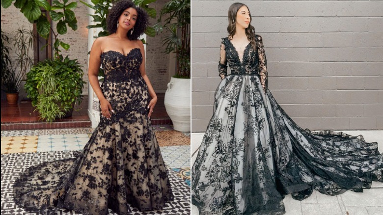 two wedding dresses with black lace overlays