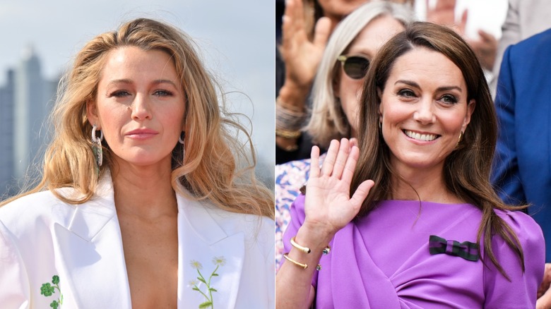 Blake Lively looking into camera & Kate Middleton smiling, waving