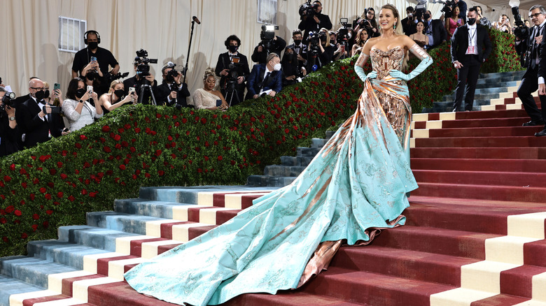 Blake Lively in blue and copper dress at the 2022 Met Gala