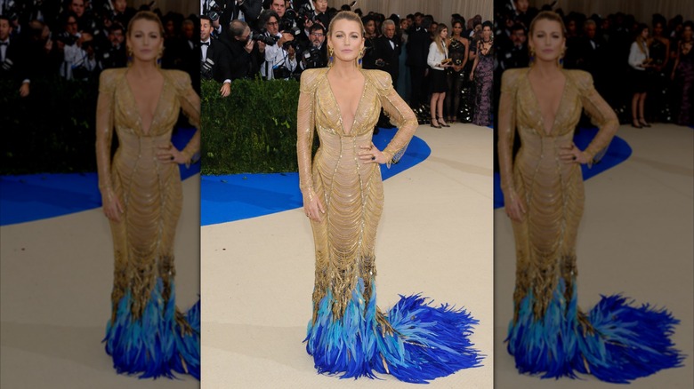 Blake Lively in a gold and blue dress at the 2017 Met Gala