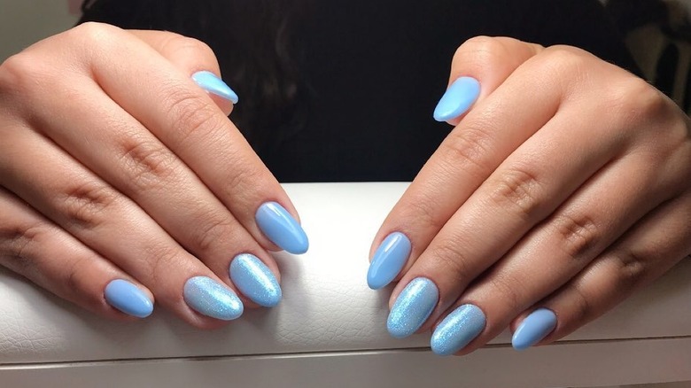 baby blue nails with glitter finish