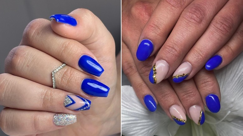 mixed manicure blue with glitter accents