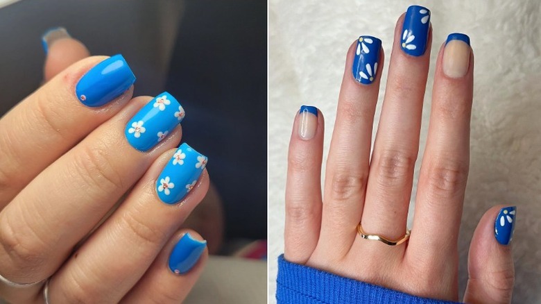 mixed manicures with daisies on blue