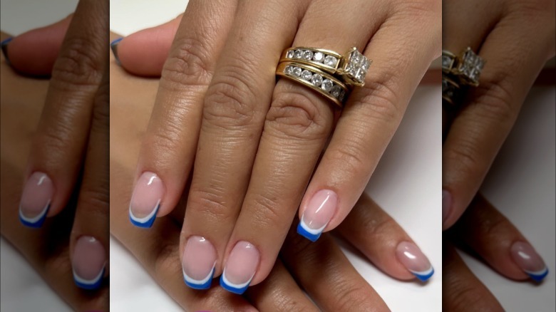 Double French manicure with blue and white