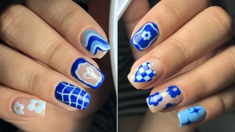 mixed manicure in blues and white