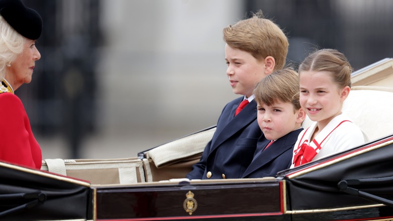 Camilla sits in a carriage with George, Louis, and Charlotte