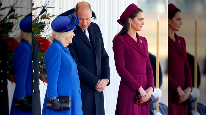 Queen Camilla chats with Prince William and Princess Catherine