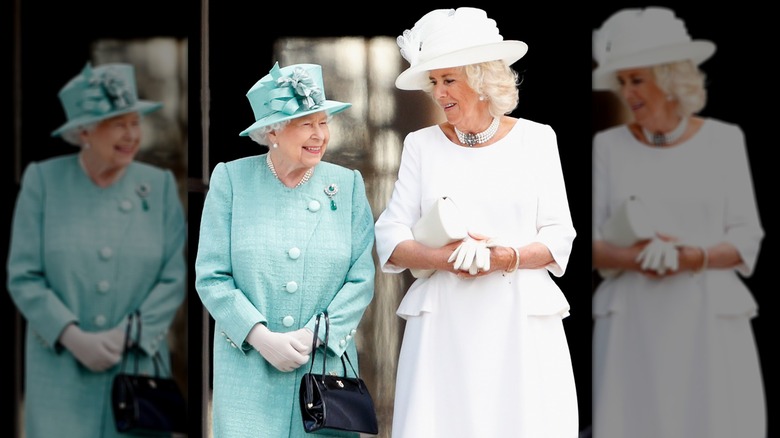 Smiling Queen Elizabeth strolls with Queen Camilla 