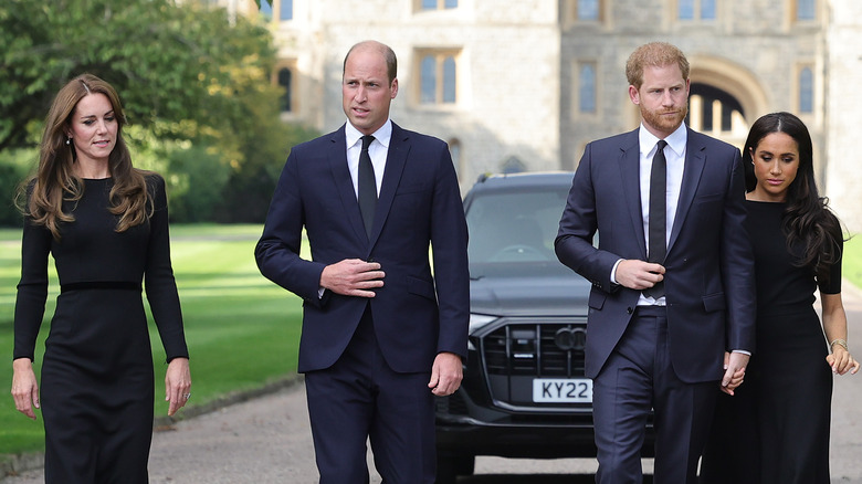 Prince William, Prince Harry, Kate Middleton, and Meghan Markle outside of Windsor Castle