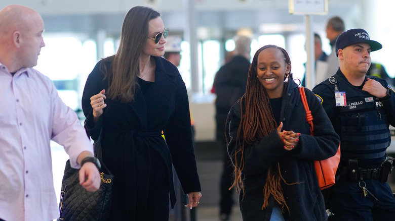 Zahara Jolie-Pitt smiling with Angelina Jolie