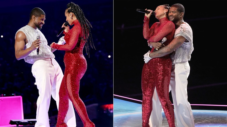 Two shots of Usher and Alicia vibing at Super Bowl