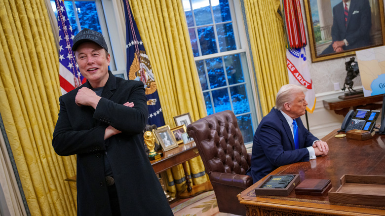 Elon Musk stands while President Donald Trump sits in the Oval Office during a press conference