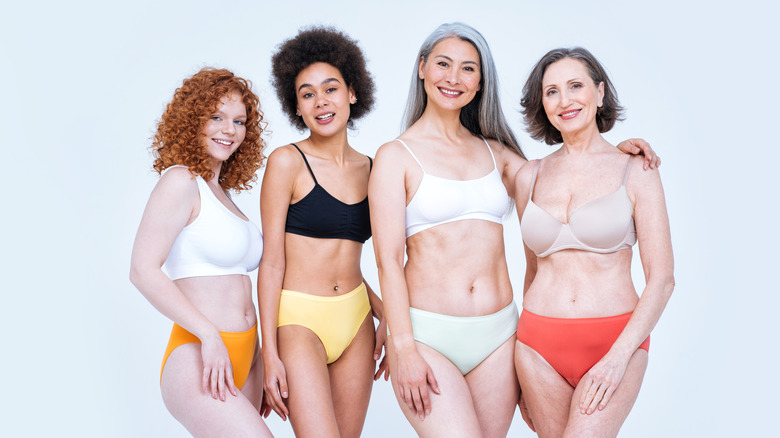 Different aged women posing various undergarments