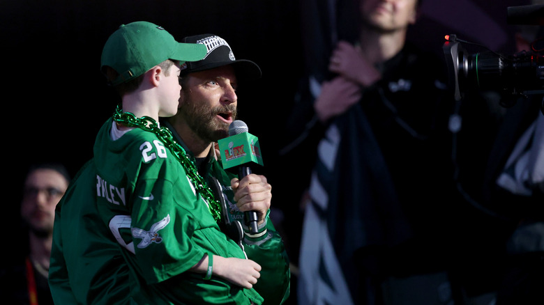 Bradley Cooper and Declan DeBaron introduce the Eagles at the 2025 SuperBowl