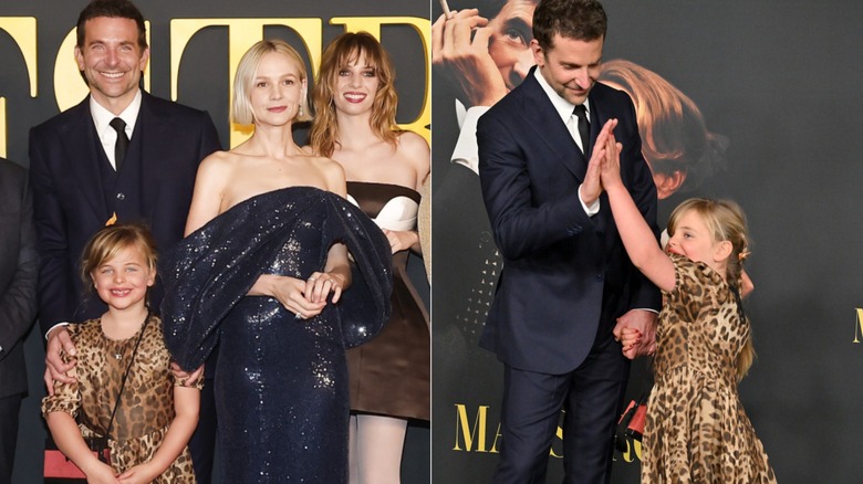 Left: Bradley Cooper, Lea Cooper, Carrie Mulligan, and Maya Hawke smile for photo, Right: Lea Cooper gives father Bradley Cooper a high five