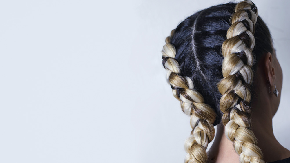 Back of woman's head with double Dutch braids 