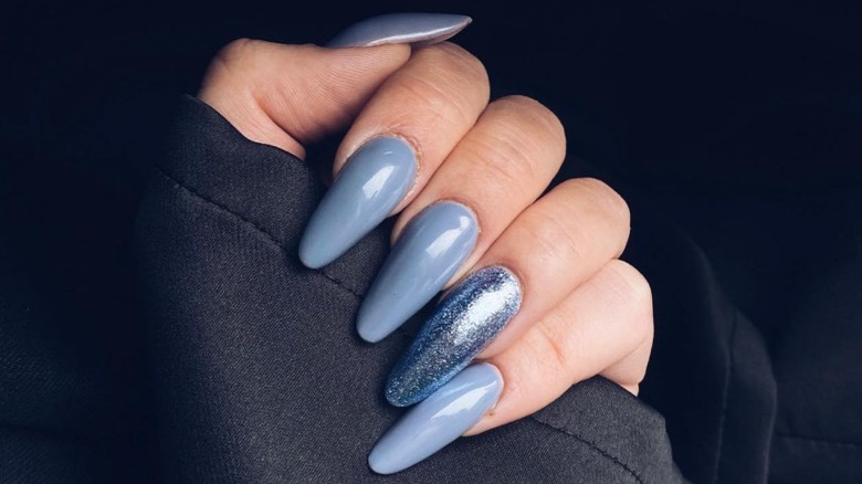 denim blue nails with glitter accent