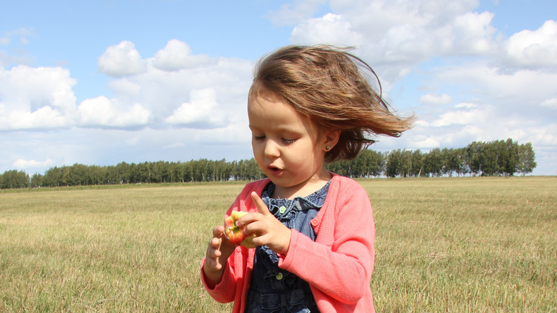 baby in breezy field with apple