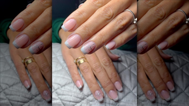 Silver French manicure with bow