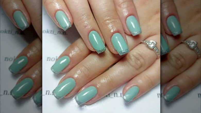 Turquoise nails with silver tips