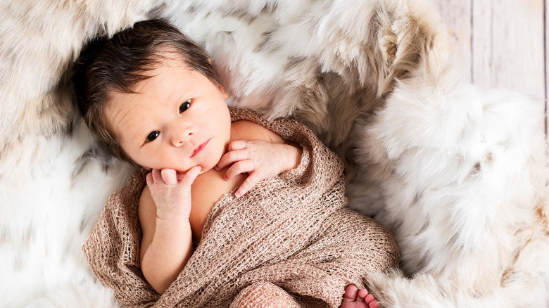 Baby swaddled on a plush shag rug