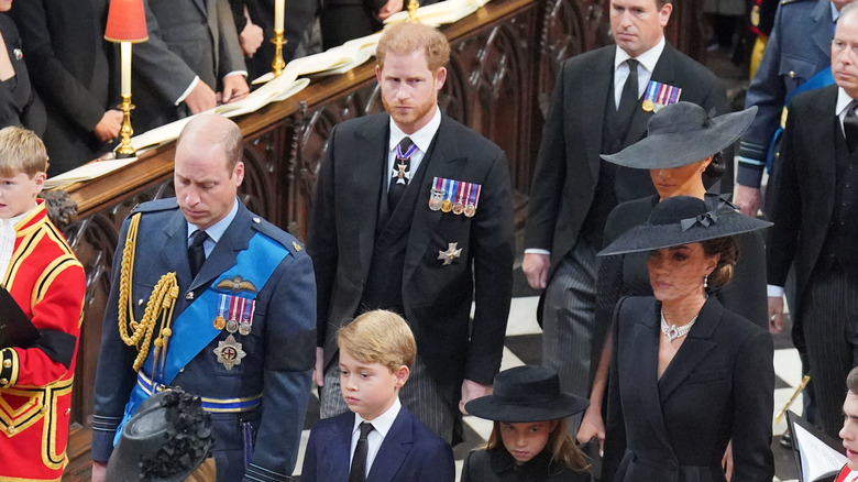 Prince Harry walks behind Prince William at the funeral