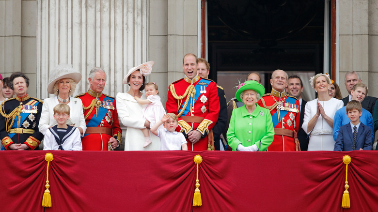 Princess Anne, Queen Camilla, King Charles, Kate Middleton, Princess Charlotte, Prince George, Prince William, Prince Harry, Queen Elizabeth, Prince Philip, Duchess Sophie, Prince Andrew watching from the royal balcony