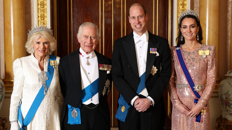 Queen Camilla, King Charles, Prince William, Kate Middleton smiling