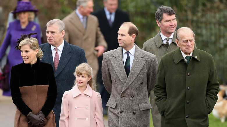 Duchess Sophie, Prince Andrew, Lady Louise, Prince Edward, Timothy Laurence, Prince Philip all walking together